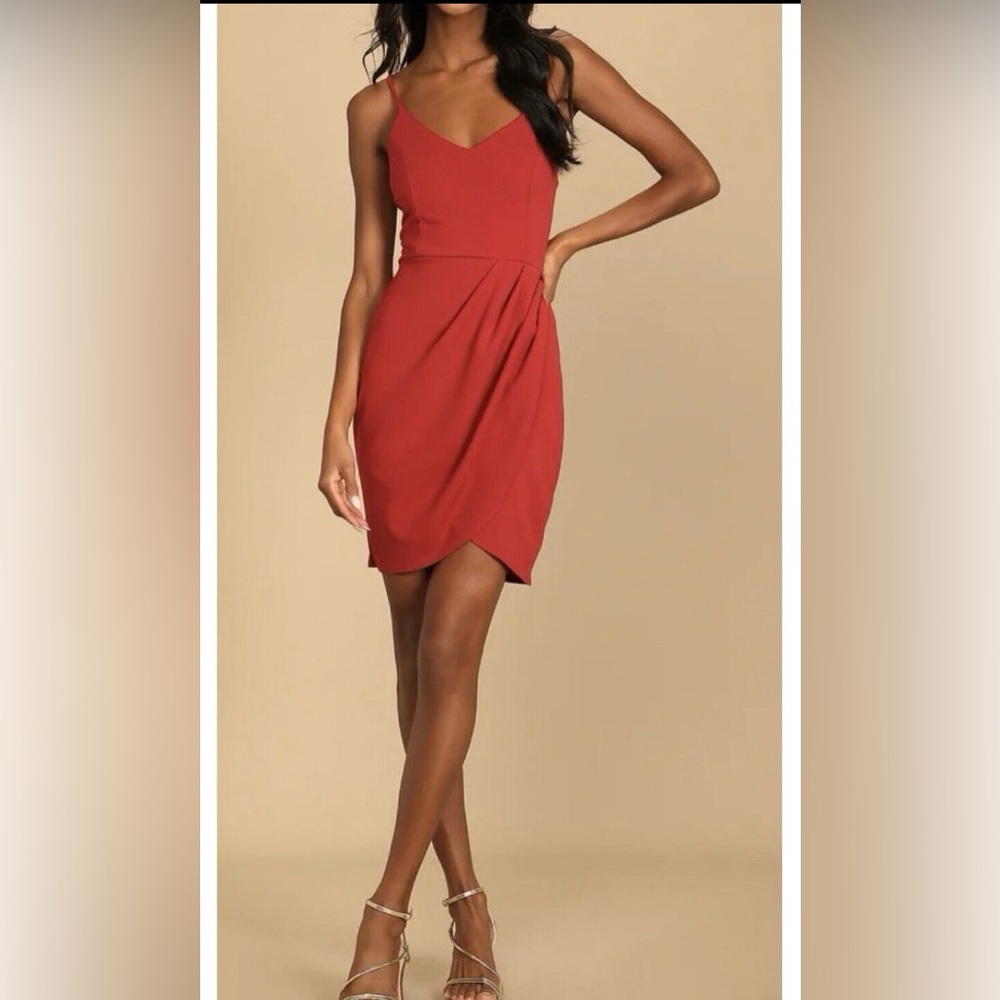 Lulus Women Forever  Rust Red Bodycon Wrap Dress Size M spaghetti strap Pullover